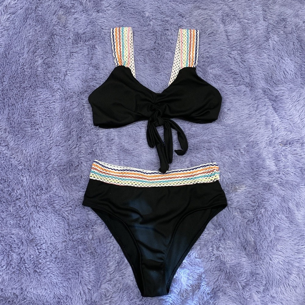 Women's Large‎ Black Bikini 2 Piece High Waisted Bottom Colorful Band & Straps